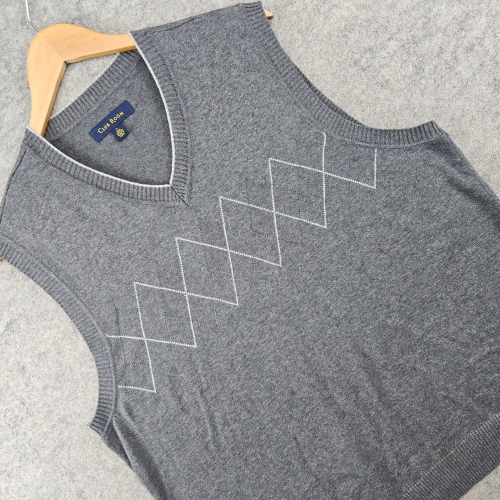 Club Room Sweater Vest Men's Large Gray Geometric Diamond V-Neck Cotton Knit